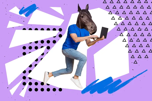 Creative Unusual Picture Collage Person Horse Face Using Netbook Running — Stock Photo, Image