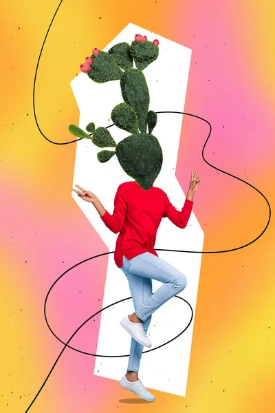 Créatif Étrange Collage Image Personne Bizarre Avec Tête Visage Cactus — Photo