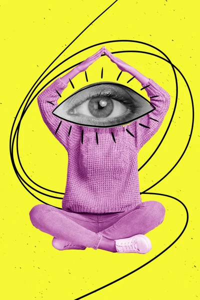 创意搞笑海报拼贴怪胎人的眼睛双手高过头顶刺眼智慧光环的概念 — 图库照片