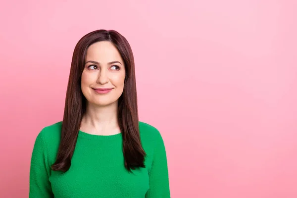 stock image Photo of shiny charming lady dressed green pullover smiling looking empty space isolated pink color background.