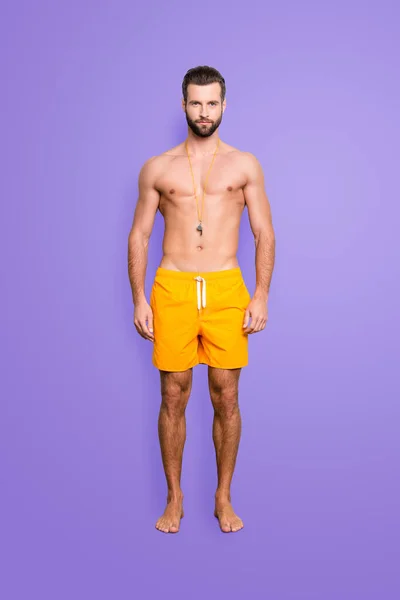 Full Size Body Portrait Fit Sportive Lifeguard Stubble Yellow Shorts — Stock Photo, Image