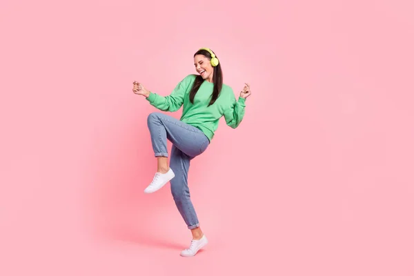 stock image Photo of overjoyed carefree positive lady wear stylish clothes celebrate sale discount good mood isolated on pink color background.