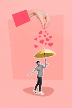 Creative magazine template collage of little young guy hold umbrella safe from rain love heart falling down. clipart