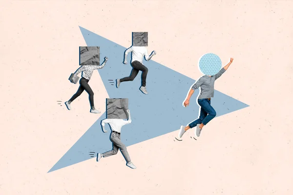 Collage Conceptuel Quatre Travailleurs Ont Des Figures Géométriques Place Dirige — Photo