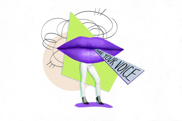 Creative Magazine Collage Unusual Lady Person Purple Lips Body Advertise — Stock Photo, Image