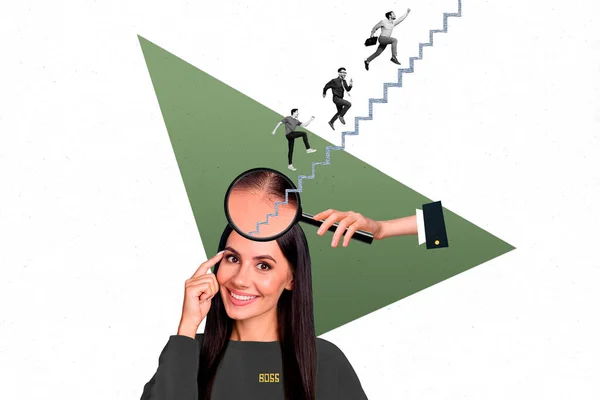 Idea Inusual Concepto Collage Chica Joven Pensar Controlar Los Trabajadores —  Fotos de Stock