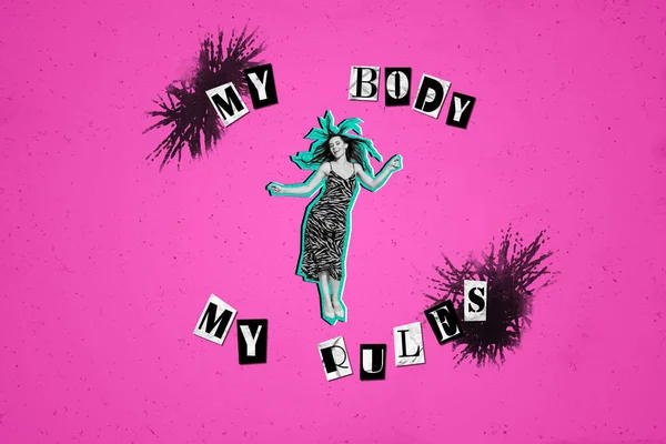 Konzeptkunst Collage Junge Tanzende Dame Mein Körper Meine Regeln Mein — Stockfoto
