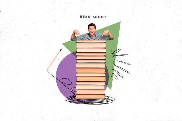 Funny Student Guy Recommending Read More Stand Huge Big Book — Stock Photo, Image