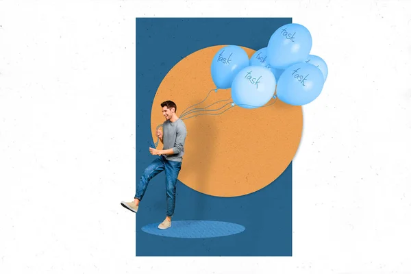 Trendy collage of worker guy hold carry many air balloons with TASK words printed go office corporate party colleagues rest.