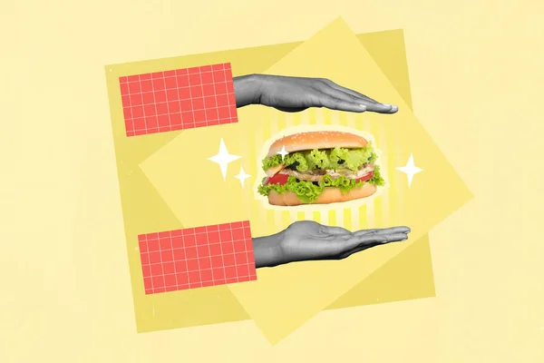 Creative Magazine Modello Collage Persone Mani Dimostrano Carne Gustoso Cheeseburger — Foto Stock