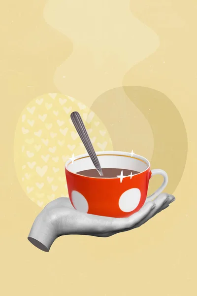 香り高い濃いフレッシュコーヒーカップをティースプーンで手に持つ人々の創造的なバナーポスター雑誌のコラージュ — ストック写真