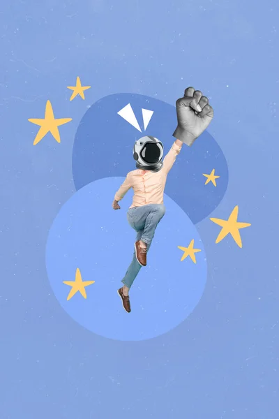 Cosmic magazine template collage of motivated person spaceman flying up outer universe through stars with fist.
