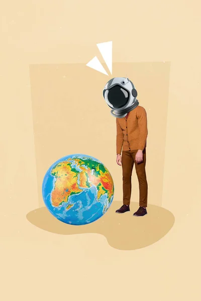 Kreativ Banner Collage Unga Astronaut Tittar Rund Navigering Jorden Planet — Stockfoto