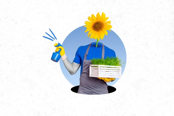 Blommig Tidskrift Collage Konstiga Trädgårdsmästare Människor Med Gul Blomma Ansikte — Stockfoto