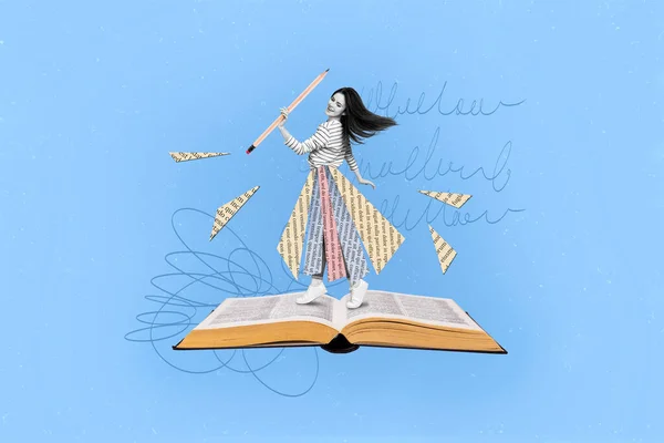 Creative Surreal Collage Positive Geek Young Lady Dancing Open Book — Stock Photo, Image