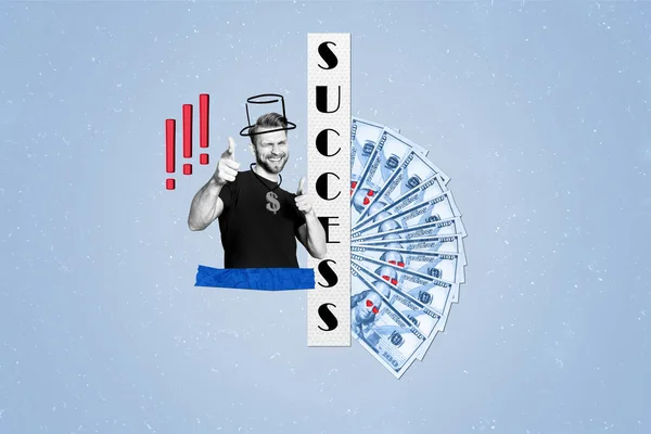 Kreativ Banner Affisch Collage Framgångsrik Ung Kille Vinna Lotteri Hundra — Stockfoto