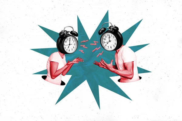 Collage Absurde Créatif Deux Personnes Agressives Avec Tête Horloge Ont — Photo