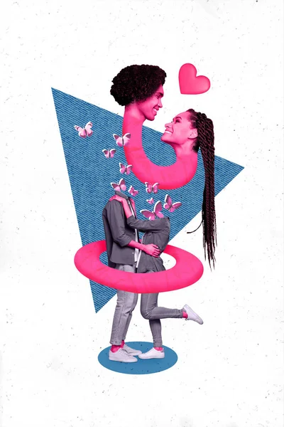 Birbirine Aşık Iki Genç Insanın Garip Tasarım Kolajı Sevgililer Günü — Stok fotoğraf