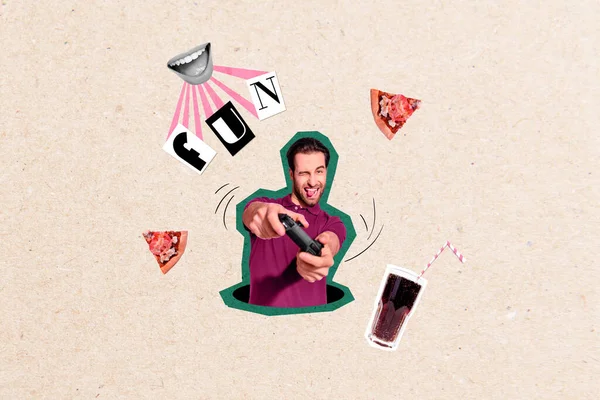Creative Template Collage Young Crazy Guy Playing Video Game Pizza — Stock Photo, Image