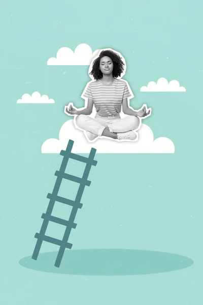 Imagem Surreal Revista Colagem Pacífica Jovem Senhora Meditar Alcançar Alto — Fotografia de Stock