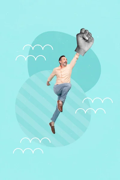 有创意的横幅海报拼贴有进取心的成熟男子身穿人类拳头冲锋为人权而战的海报 — 图库照片