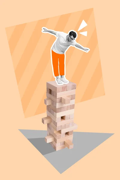 Creative magazine template collage of young business person build huge high jenga tower try no fall instability concept.