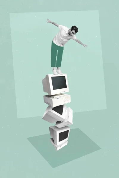 Creative Poster Magazine Collage Impressed Businessman Standing High Pile Computer — Stock Photo, Image