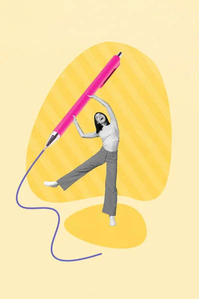 Креативный Плакат Коллаж Изображающий Женщину Держащую Руках Большую Ручку Рисующую — стоковое фото
