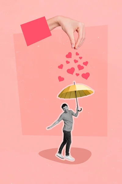 创意杂志模板拼贴小小伙子拿着雨伞避雨爱心落落 — 图库照片