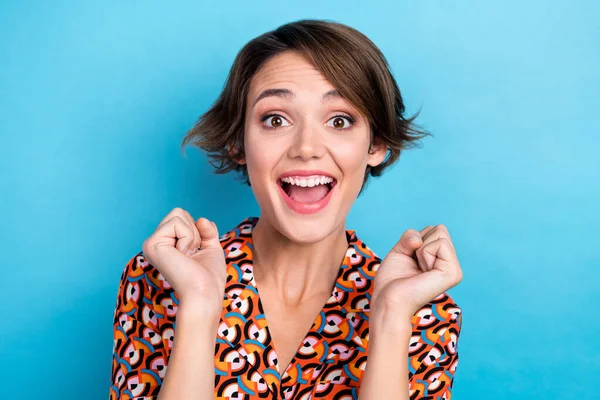 Portrait Overjoyed Cheerful Lady Raise Fists Attainment Luck Isolated Blue — Stock Photo, Image