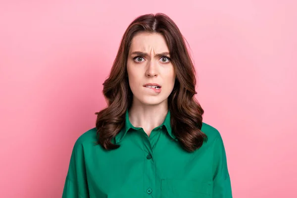 Photo Unsure Doubtful Woman Wear Green Shirt Biting Lips Isolated — Stock Photo, Image