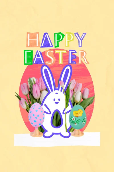 Koláž Inzerát Blahopřejeme Veselé Velikonoční Vejce Králíček Karikatura Blízkosti Dekorace — Stock fotografie