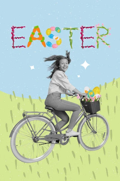 Linda Ilustração Colagem Adolescente Menina Equitação Retro Bicicleta Pressa Páscoa — Fotografia de Stock
