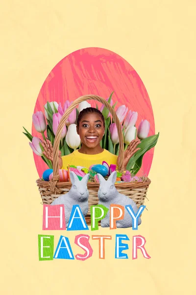 Kreative Collage Aus Youngster Funky Girl Broschüre Korb Farbige Eier — Stockfoto