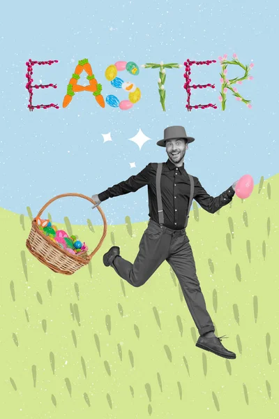Happy Easter Composite Artwork Collage Young Guy Well Dressed Going — Stock Photo, Image