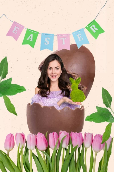 Amuzant Doamnă Fată Interiorul Mare Yummy Ciocolată Sărbători Paști Sfânt — Fotografie, imagine de stoc
