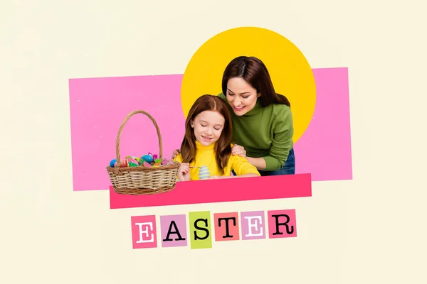 Mommy and daughter painting Easter eggs together for school duty task homework craft lesson decor for feast serving table collage.