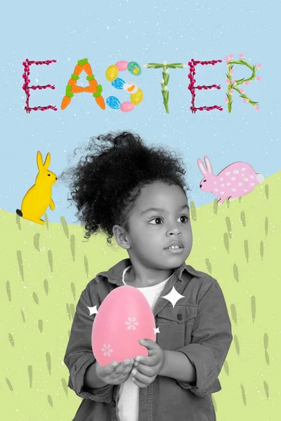 Wielkanoc Koncepcja Collage Zdjęcie Małej Dziewczynki Trzymać Duże Różowe Kolorowe — Zdjęcie stockowe