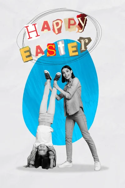 Vertikální Umělecká Koláž Dvou Zábavných Vzrušených Sester Velikonoční Svátky Hrát — Stock fotografie