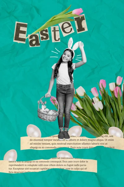 Pionowe Zdjęcie Kolaż Uroczy Mała Dziewczynka Świętuje Wiosna Wielkanoc Nosić — Zdjęcie stockowe