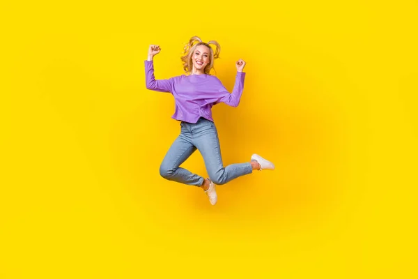 Full Size Photo Pretty Young Girl Jumping Raise Fists Have — Stock Photo, Image