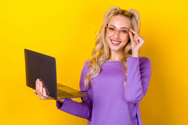 Photo Portrait Lovely Young Lady Hold Laptop Touch Specs Manager — Stock Photo, Image
