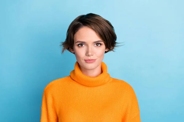 Portrait of pretty satisfied glad person smile calm face look camera isolated on blue color background.