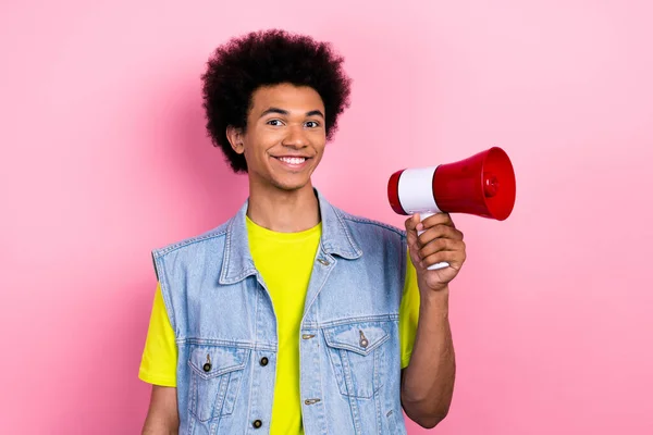 Photo Handsome Positive Person Toothy Smile Arm Hold Loudspeaker Isolated — Stock Photo, Image