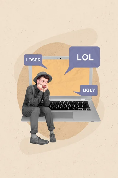 Creative Retro Collage Image Stressed Depressed Guy Getting Bullying Comments — Stock Photo, Image
