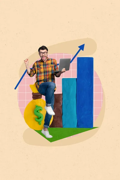 ペイントされた画像3Dコラージュアートワーク喜びに満ちた肯定的な男のイメージは ビットコインの上昇を祝う向上経済 — ストック写真