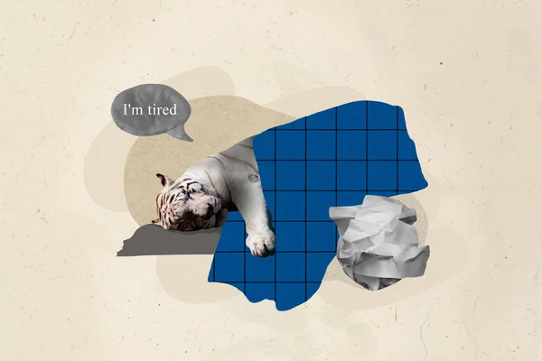 Artwork Magazine Collage Picture Tired Sleepy Tiger Lying Blanket Feeling — Stock Photo, Image