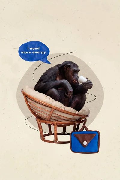 コラージュ アートワーク グラフィックスチンパンジー飲料コーヒーの燃え尽きる絵には より多くのエネルギーが必要です — ストック写真