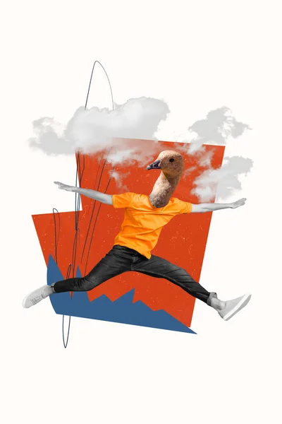 Vertikal Collage Bild Svart Vit Gamma Person Hoppar Flygande Moln — Stockfoto