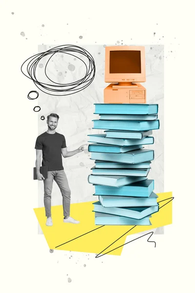 小黑人白人的垂直拼贴图片手握上网本指尖巨大的书堆计算机在创造性的背景下隔离 — 图库照片